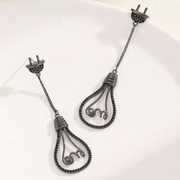 Dangle Stud Earrings, Black Retro Light Bulb Shape with Crystal Sparkle, Sassy - Picture 2 of 3